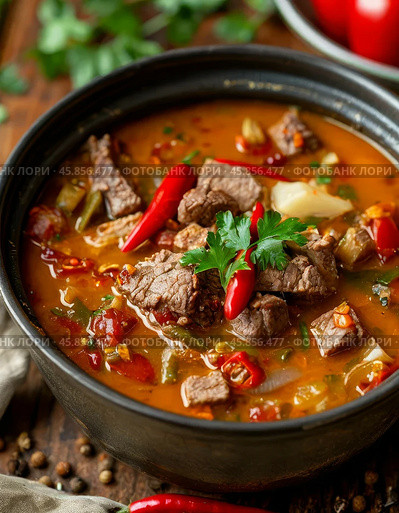 December 29 is National Pepper Pot Soup Day. This is a spicy, rich soup created in the 18th century. It is rich in meat and vegetables, as well as hot peppers. It is considered one of the hottest soups in the world. Стоковое AI-изображение, AI-художник Сергей Елизарьев / Фотобанк Лори