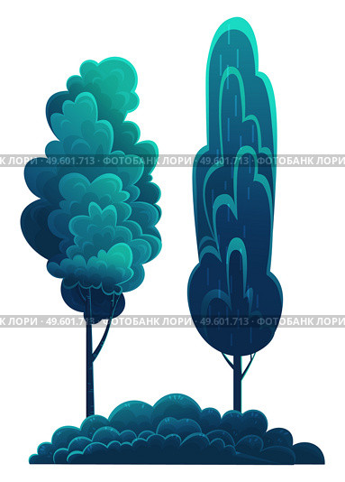 Deciduous tall trees, navy blue crown, flat cartoon style isolated on white. Forest tree, lush foliage. Oak, beech, hornbeam, diverse vegetation. Botanical illustration for games, banners, sites. Tall deciduous trees isolated on white. Forest vegetation, dark blue foliage, lush tree crown. Стоковая иллюстрация, агентство Ingram Publishing / Фотобанк Лори