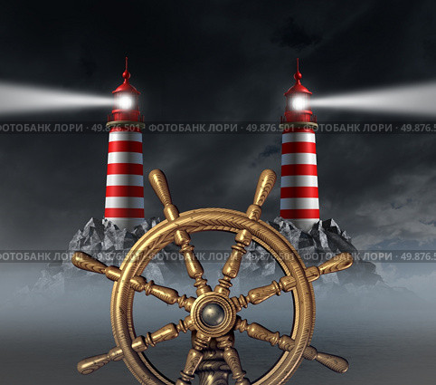 Decision Stress crossroad and choosing the right path away from danger and hazardous choices in business with a ship wheel and two opposite shinning light lighthouse towers on a foggy night sky. Стоковое фото, агентство Ingram Publishing / Фотобанк Лори