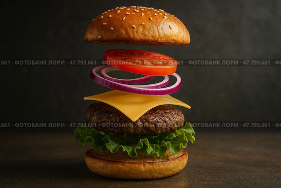 Deconstructed Cheeseburger Floating Mid-Air in Perfect Layers. Стоковое AI-изображение, AI-художник Максим Гребешков / Фотобанк Лори