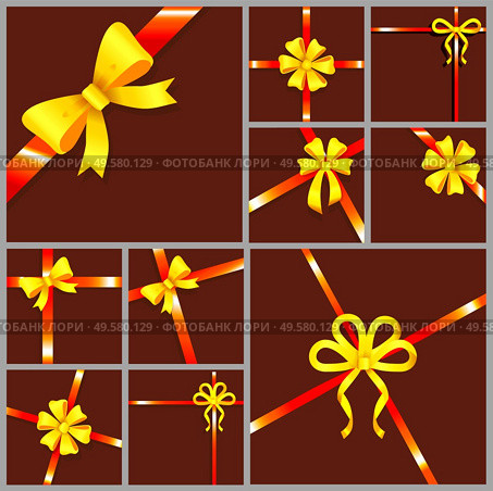 Decoration for gifts or presents, yellow and red ribbon bows. Silk tape of different shapes, set of decorative stripes tied in knot. Holidays adornment collection for festive. Vector in flat. Decorative Ribbon Bows and Silk Tapes Set Vector. Стоковая иллюстрация, агентство Ingram Publishing / Фотобанк Лори