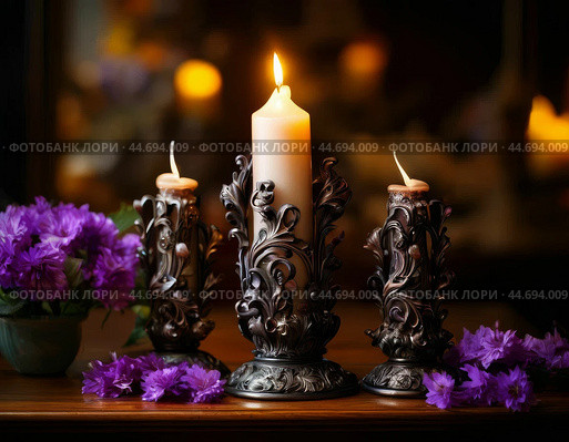 Decorative candles in beautiful antique bronze candlesticks. Стоковое AI-изображение, AI-художник Сергей Елизарьев / Фотобанк Лори