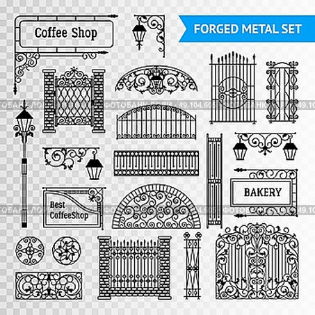 Decorative Forged Metal Elements Set Black . Ornamented iron castings steel forged fences elements set with gates railing and vintage shop signs black vector illustration . Стоковая иллюстрация, агентство Ingram Publishing / Фотобанк Лори