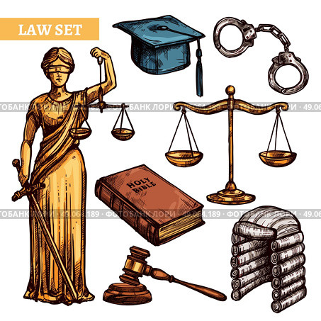 Decorative Law Set . Decorative law elements set with figure Themis Holy Bible scales handcuffs hammer and  judges accessories  isolated vector illustration. Стоковая иллюстрация, агентство Ingram Publishing / Фотобанк Лори