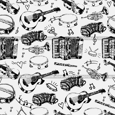 Decorative musical store wrapping paper seamless pattern with classical strings percussion jazz instruments doodle sketches vector illustration. Стоковая иллюстрация, агентство Ingram Publishing / Фотобанк Лори