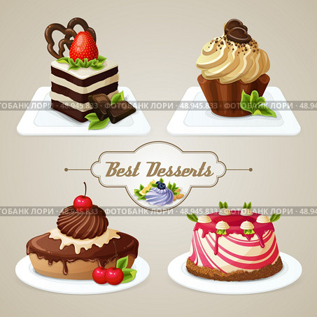 Decorative sweets desserts set with shortcrust sponge cake and pudding isolated vector illustration. Стоковая иллюстрация, агентство Ingram Publishing / Фотобанк Лори