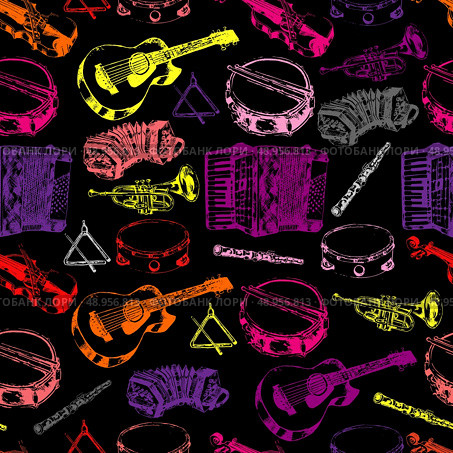 Decorative wall paper classical musical instruments background seamless pattern with drum trumpet guitar color sketch vector illustration. Стоковая иллюстрация, агентство Ingram Publishing / Фотобанк Лори