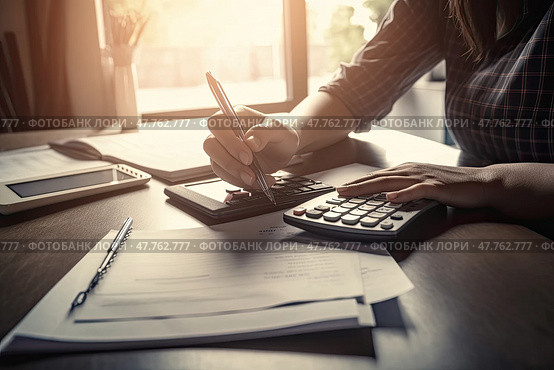 Dedicating time to financial affairs during tax season, caucasian woman grapples with task of accurately filling out her individual income tax form, simultaneously examining bills, calculating expenses, and monitoring her bank account balance from tranquility of living room. Стоковое AI-изображение, AI-художник Данила Большаков / Фотобанк Лори