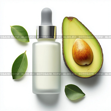 Delicate matte white bottle of skin oil with avocado on white background. Стоковое AI-изображение, AI-художник Katsiaryna Repich / Фотобанк Лори