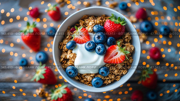 Delicious bowl of granola topped with fresh berries, yogurt, and a sprinkle of vibrant colors, ideal for breakfast or a healthy snack. Стоковое AI-изображение, AI-художник Сергей Толмачёв / Фотобанк Лори