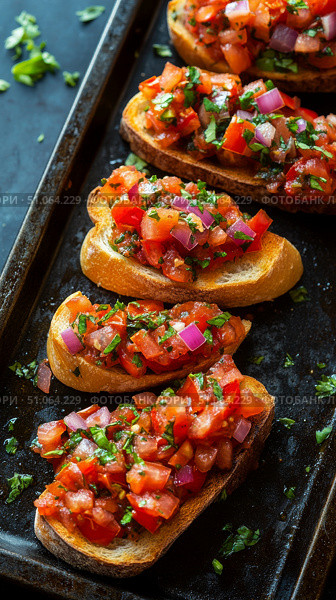 Delicious Bruschetta Served on a Rustic Tray at a Summer Cookout. Стоковое AI-изображение, AI-художник Юлия Гапеенко / Фотобанк Лори