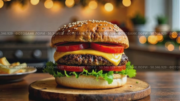 Delicious burger and French fries in home kitchen with Christmas decor, lights of garland. Delivery from fast food restaurant, menu burger home cooking for New year. AI generated; Стоковое AI-видео, аниматор Ольга Симонова / Фотобанк Лори