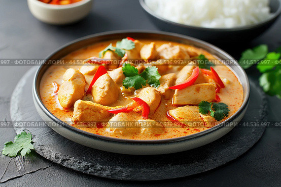 Delicious chicken curry with rice in bowl on table. Стоковое AI-изображение, AI-художник Татьяна  Бральнина / Фотобанк Лори
