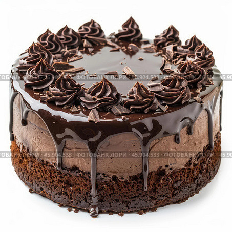 Delicious chocolate fudge cake dripping with chocolate ganache and topped with chocolate shavings. Стоковое AI-изображение, AI-художник Иван Рябоконь / Фотобанк Лори
