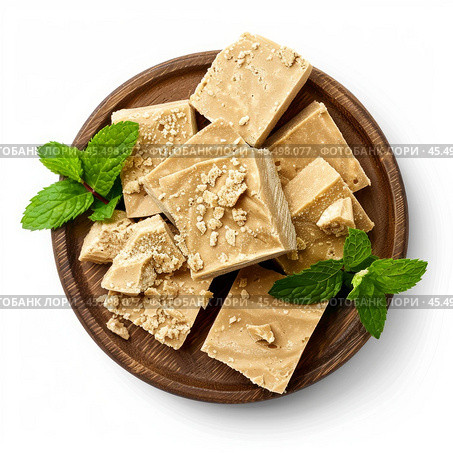 Delicious creamy fudge squares with crumble topping and mint leaves on wooden plate. Стоковое AI-изображение, AI-художник Иван Рябоконь / Фотобанк Лори