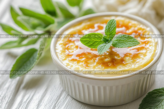 Delicious creme brulee decorated with mint leaves in a white ramekin. Стоковое AI-изображение, AI-художник Юрий Поздников / Фотобанк Лори