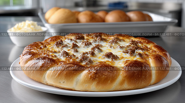 Delicious freshly baked dough with savory beef topping served with butter. Стоковое AI-изображение, AI-художник Katsiaryna Repich / Фотобанк Лори