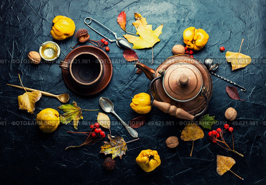 Delicious homemade tea. Tea made from apples and quince on an autumn background.. Quince tea and autumn leaves. Стоковое фото, агентство Ingram Publishing / Фотобанк Лори
