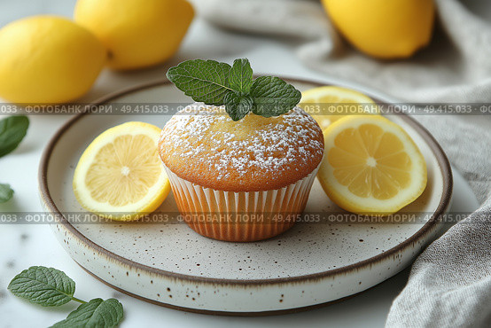 Delicious lemon cupcake with fresh lemon slices and mint on plate. Вкусный лимонный кекс с кусочками свежего лимона и мятой на тарелке. Стоковое AI-изображение, AI-художник Katsiaryna Repich / Фотобанк Лори