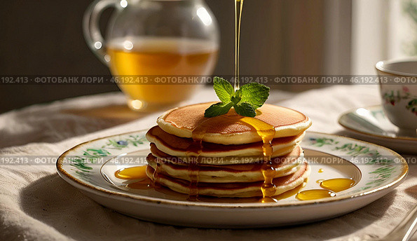 Delicious pancakes with honey and mint leaves on a stylish plate in a beige kitchen. The concept of the Russian holiday Maslenitsa. Стоковое AI-изображение, AI-художник Photojuli / Фотобанк Лори