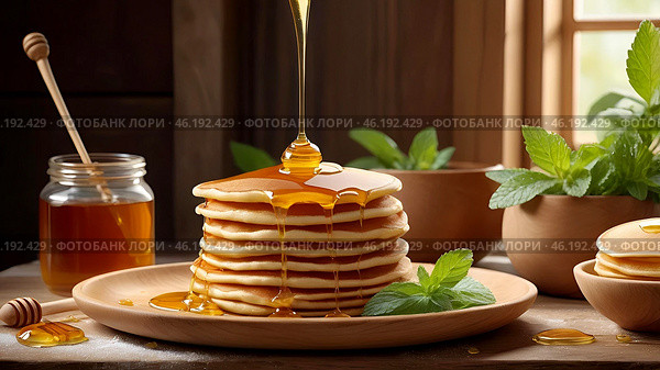 Delicious pancakes with honey and mint leaves on a stylish plate in a beige kitchen. The concept of the Russian holiday Maslenitsa. Стоковое AI-изображение, AI-художник Photojuli / Фотобанк Лори