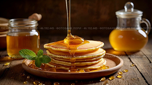 Delicious pancakes with honey and mint leaves on a stylish plate in a beige kitchen. The concept of the Russian holiday Maslenitsa. Стоковое AI-изображение, AI-художник Photojuli / Фотобанк Лори