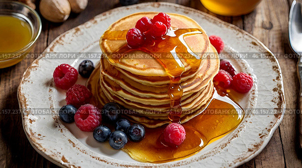 Delicious pancakes with honey, blueberries, raspberries and . The concept of the Russian holiday Maslenitsa. Стоковое AI-изображение, AI-художник Photojuli / Фотобанк Лори