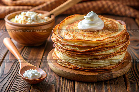 Delicious pancakes with sour cream. The pancakes are stacked in a large pile. The concept of the Russian holiday Maslenitsa. Стоковое AI-изображение, AI-художник Photojuli / Фотобанк Лори