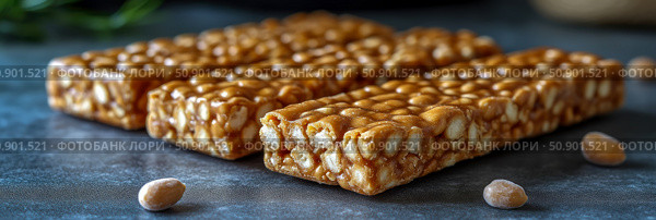 Delicious Peanut Brittle Bars on Slate Surface, Confectionery Snack Concept. Стоковое AI-изображение, AI-художник Данила Большаков / Фотобанк Лори