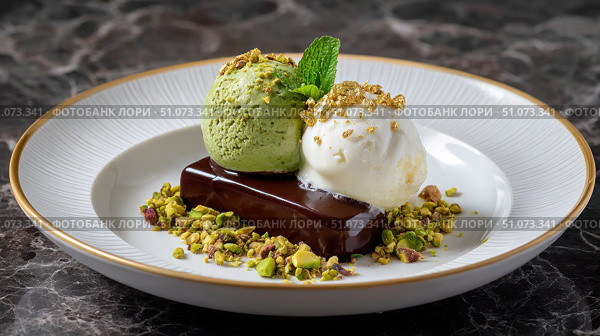 Delicious pistachio and vanilla ice cream scoops topping chocolate fudge cake slice. Стоковое AI-изображение, AI-художник Юрий Поздников / Фотобанк Лори