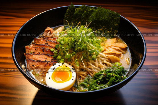Delicious ramen bowl with pork, egg, nori seaweed and sprouts on wooden table. Стоковое AI-изображение, AI-художник Иван Рябоконь / Фотобанк Лори