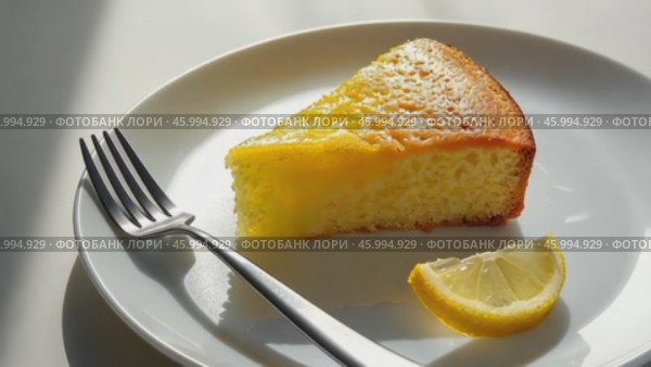 Delicious Slice of Lemon Cake Beautifully Presented on a Charming Plate and Ready to Enjoy. Delectable portion of rich lemon cake is garnished with powdered sugar and is charmingly served with a fork. Стоковое AI-видео, аниматор Марина Демидюк / Фотобанк Лори