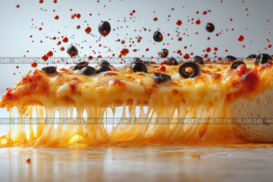 Delicious slice of pizza with melted cheese and crispy toppings for lunch. Вкусный кусок пиццы с расплавленным сыром и хрустящей начинкой на обед. Стоковое AI-изображение, AI-художник Katsiaryna Repich / Фотобанк Лори