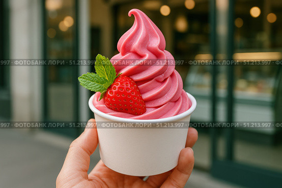 Delicious Strawberry Soft Serve in a White Cup Perfect for Summer Treats and Refreshing Dessert Experiences. Стоковое AI-изображение, AI-художник Башкирова Анна / Фотобанк Лори