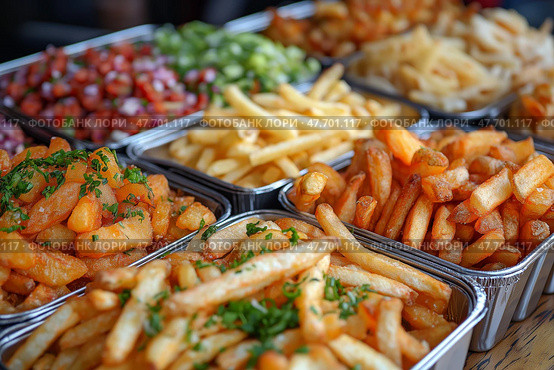 Delicious variety of fries displayed in paper bags at a food location. Красочное ассорти картофеля фри представлено в бумажных пакетах: сладкий картофель фри, кудрявый картофель фри и классический золотистый картофель фри. Идеально подходит для любителей перекусить в заведениях повседневного питания. Стоковое AI-изображение, AI-художник Katsiaryna Repich / Фотобанк Лори