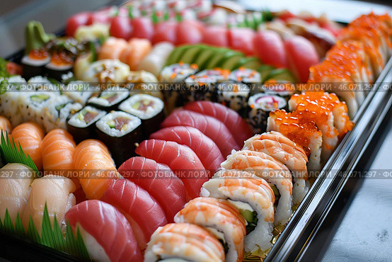 Delicious variety of sushi displayed on serving tray enticing food lovers. Стоковое AI-изображение, AI-художник Иван Рябоконь / Фотобанк Лори