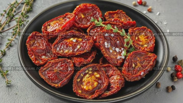 Delightful Dish of Baked Red Tomatoes, Seasoned with Fresh Herbs and Spices. Top view Banner. Gray Concrete Background. Sun-dried tomatoes topped various herbs, salt on dark plate. Food Magazine style. Стоковое AI-видео, аниматор Марина Демидюк / Фотобанк Лори