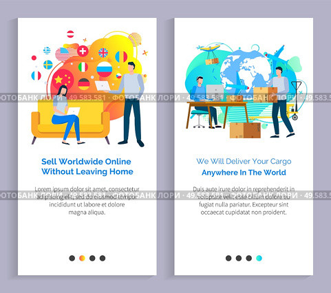 Delivery of cargo worldwide vector, freelance work from home sell products business. Logistics company parcel with products package service. Website or slider app, landing page flat style. Sell Worldwide from Home, Delivery of Cargo Set. Стоковая иллюстрация, агентство Ingram Publishing / Фотобанк Лори