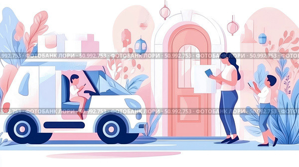 Delivery Service: Family Receiving Package at Home. Стоковое AI-изображение, AI-художник Данила Большаков / Фотобанк Лори