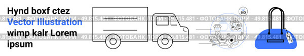 Delivery truck with shipping box, globe with plants, price tags, and blue handbag. Ideal for e-commerce, online shopping, delivery services, logistics, sustainability branding advertisements. Delivery Truck with Shipping Box and Nature Imagery with Tag Price and Blue Handbag for E-Commerce. Стоковая иллюстрация, агентство Ingram Publishing / Фотобанк Лори