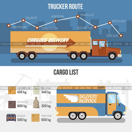 Delivery Trucks Banners. Flat horizontal delivery trucks banners presenting trucker route and cargo list isolated vector illustration. Стоковая иллюстрация, агентство Ingram Publishing / Фотобанк Лори