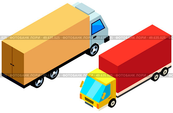 Delivery trucks isolated on white background. Wagons with trailers for transporting goods worldwide. Vehicle for transpportation and shipping. Delivery of parcels by transport. Postal cargo trucks. Vehicle for transpportation and shipping. Delivery of parcels by transport. Postal cargo trucks. Стоковая иллюстрация, агентство Ingram Publishing / Фотобанк Лори