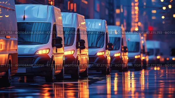 Delivery vans lined up on a city street during twilight with reflections shimmering on wet pavement. В сумерках на одной из городских улиц припаркован ряд фургонов доставки. Мокрый тротуар отражает теплые огни близлежащих зданий, создавая яркую городскую атмосферу. Стоковое AI-изображение, AI-художник Katsiaryna Repich / Фотобанк Лори