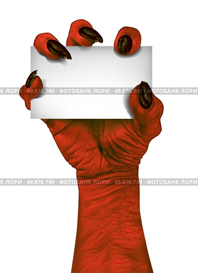 Demon or devil hand holding a blank sign card as a creepy halloween or scary symbol with textured red skin and wrinkled monster fingers isolated on a white background. Стоковое фото, агентство Ingram Publishing / Фотобанк Лори