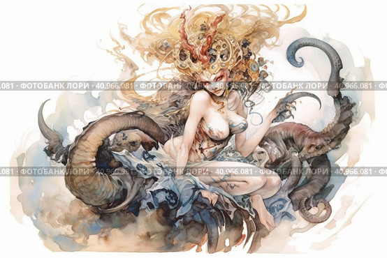 Demon woman on white background, watercolor style, Generative AI. Стоковое AI-изображение, AI-художник Анна Кривицкая / Фотобанк Лори