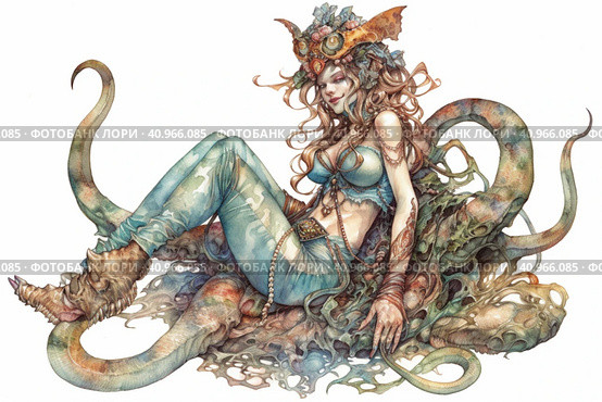 Demon woman on white background, watercolor style, Generative AI. Стоковое AI-изображение, AI-художник Анна Кривицкая / Фотобанк Лори