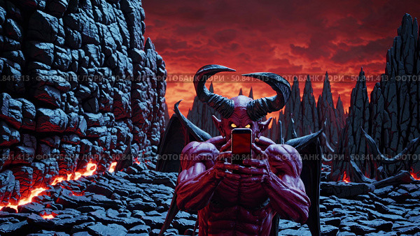 Demonic figure wielding smartphone, capturing selfie while displaying massive horns, dark wings against burning hellscape with molten lava, rocky terrain, crimson skyline. Стоковое AI-изображение, AI-художник Данил Руденко / Фотобанк Лори