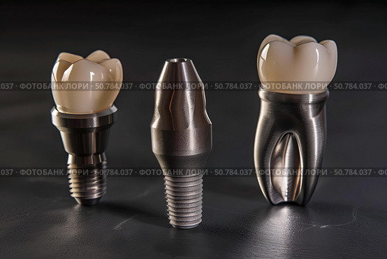 Dental implant standing on dark reflective surface with other implants. Стоковое AI-изображение, AI-художник Иван Рябоконь / Фотобанк Лори