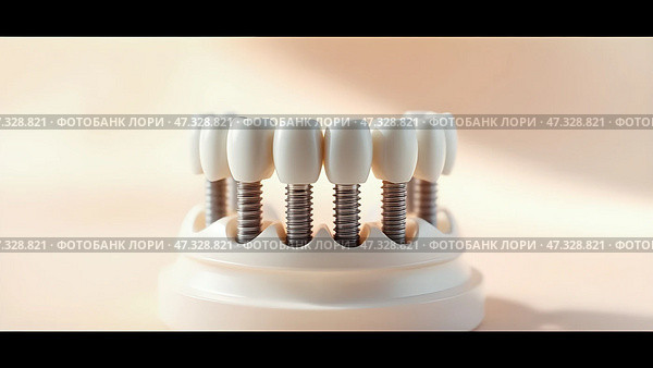 Dental implants for healthy and beautiful smile. Dental implants made of metal covered with crowns that look like natural teeth are installed in a row on gum. Стоковое AI-изображение, AI-художник Iva Noel / Фотобанк Лори