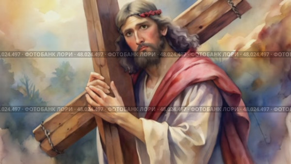 Depiction of a Figure Carrying a Cross in a Serene Landscape With a Somber Expression and a Dramatic Sky. Стоковое AI-видео, аниматор Оксана Медведева / Фотобанк Лори